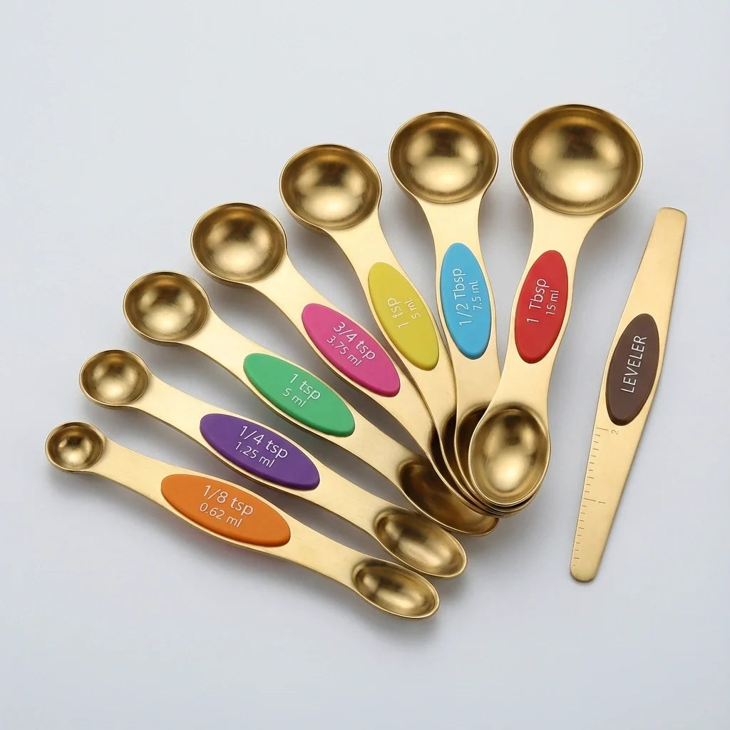 MVCOM® Magnetic Stainless Steel Measuring Spoons Set - 8-Piece Dual-Sided Magnetic Kitchen Spoons with Leveler