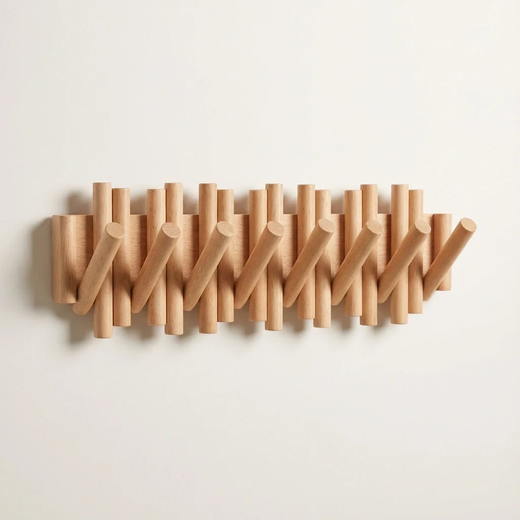 MVCOM® Picket Wooden Flip Wall Hooks - Natural Pine Wood Coat Rack with Retractable Foldable Hooks