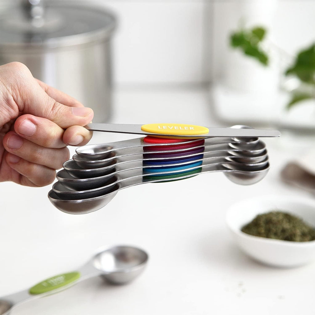 MVCOM® Magnetic Stainless Steel Measuring Spoons Set - 8-Piece Dual-Sided Magnetic Kitchen Spoons with Leveler