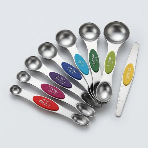 MVCOM® Magnetic Stainless Steel Measuring Spoons Set - 8-Piece Dual-Sided Magnetic Kitchen Spoons with Leveler