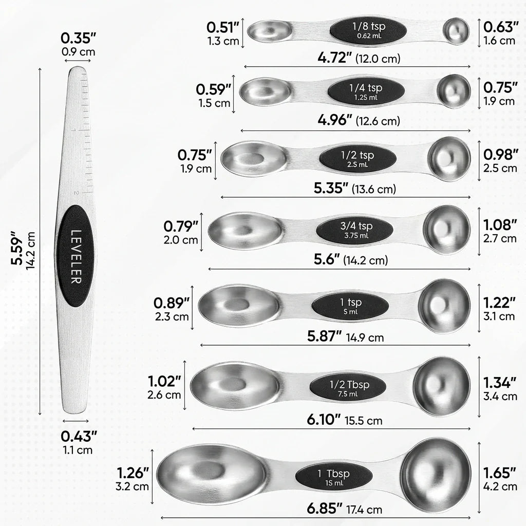 MVCOM® Magnetic Stainless Steel Measuring Spoons Set - 8-Piece Dual-Sided Magnetic Kitchen Spoons with Leveler