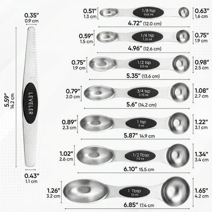 MVCOM® Magnetic Stainless Steel Measuring Spoons Set - 8-Piece Dual-Sided Magnetic Kitchen Spoons with Leveler