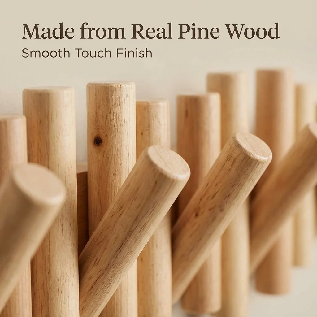 MVCOM® Picket Wooden Flip Wall Hooks - Natural Pine Wood Coat Rack with Retractable Foldable Hooks