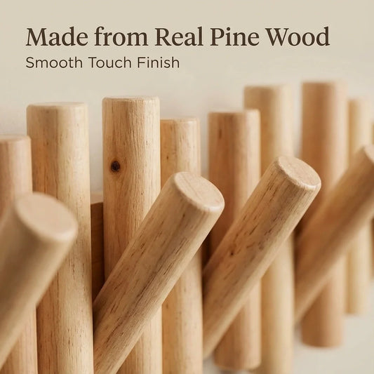 MVCOM® Picket Wooden Flip Wall Hooks - Natural Pine Wood Coat Rack with Retractable Foldable Hooks