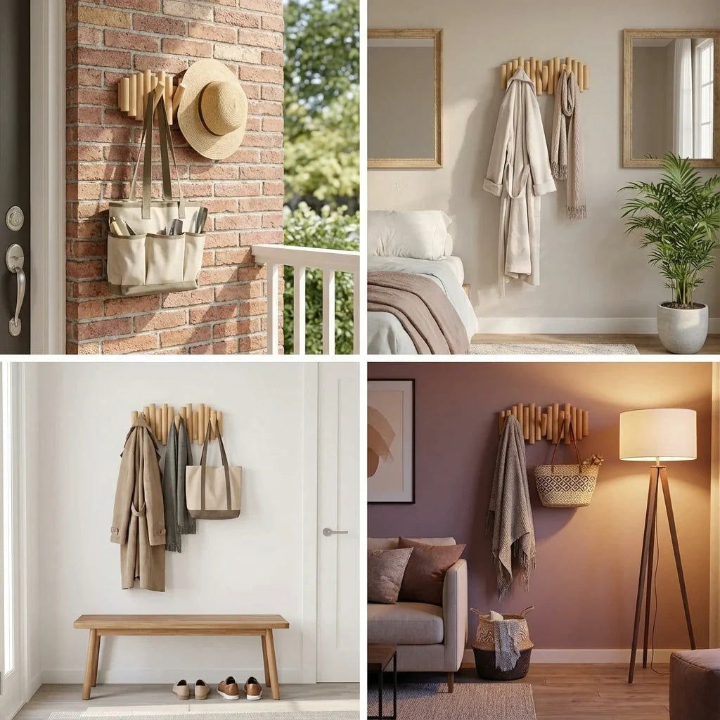 MVCOM® Picket Wooden Flip Wall Hooks - Natural Pine Wood Coat Rack with Retractable Foldable Hooks