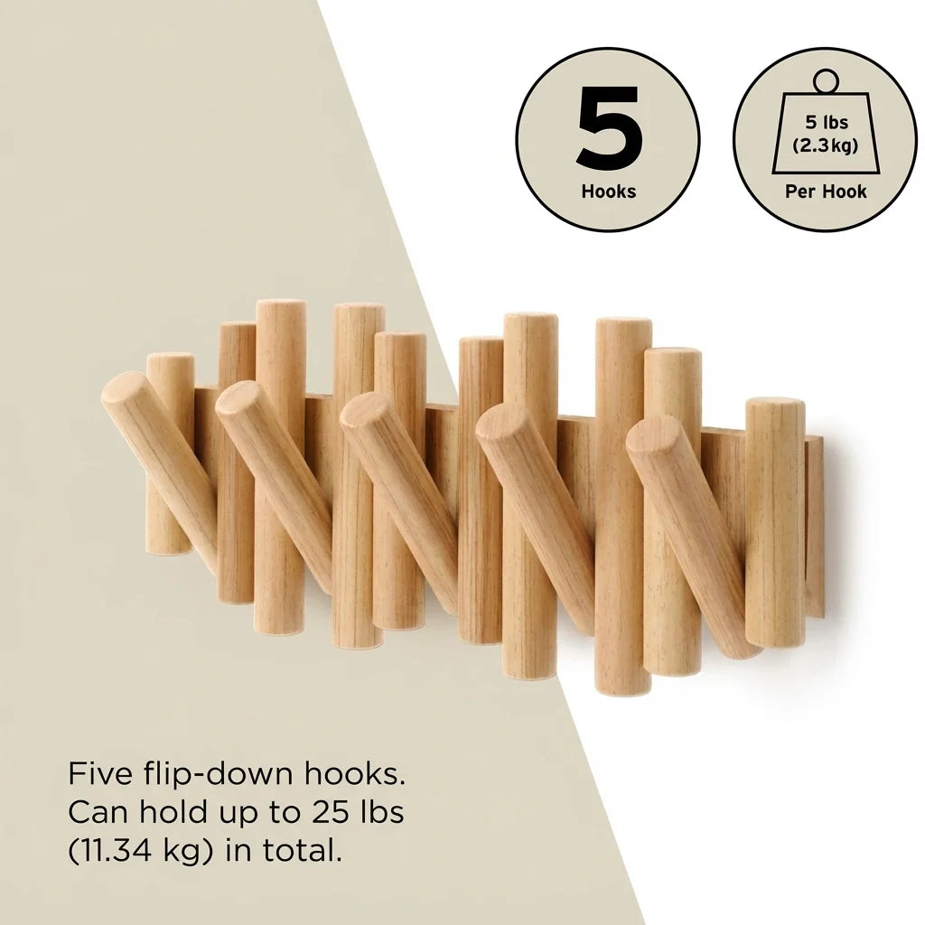 MVCOM® Picket Wooden Flip Wall Hooks - Natural Pine Wood Coat Rack with Retractable Foldable Hooks