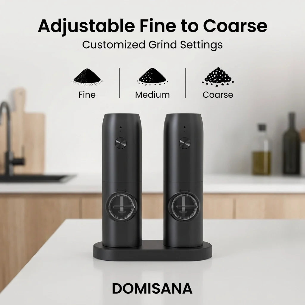 MVCOM® Electric Pepper and Salt Grinder Set - Rechargeable Automatic Spice Mill with Coarseness Adjuster & Charging Base