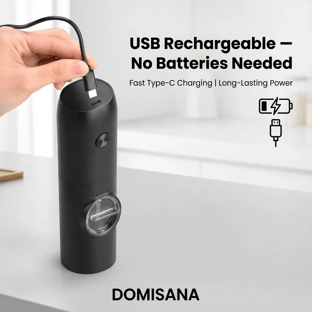 MVCOM® Electric Pepper and Salt Grinder Set - Rechargeable Automatic Spice Mill with Coarseness Adjuster & Charging Base