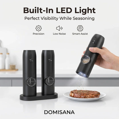 MVCOM® Electric Pepper and Salt Grinder Set - Rechargeable Automatic Spice Mill with Coarseness Adjuster & Charging Base