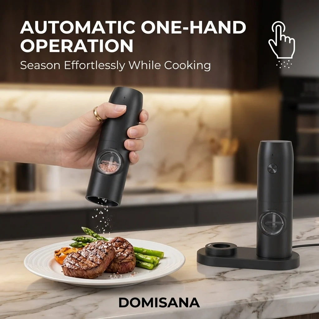 MVCOM® Electric Pepper and Salt Grinder Set - Rechargeable Automatic Spice Mill with Coarseness Adjuster & Charging Base