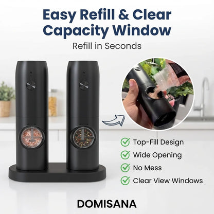MVCOM® Electric Pepper and Salt Grinder Set - Rechargeable Automatic Spice Mill with Coarseness Adjuster & Charging Base