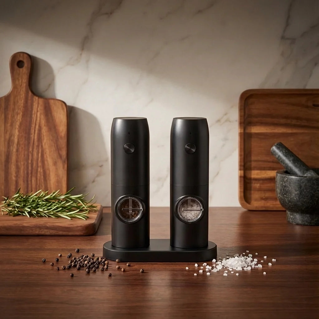 MVCOM® Electric Pepper and Salt Grinder Set - Rechargeable Automatic Spice Mill with Coarseness Adjuster & Charging Base