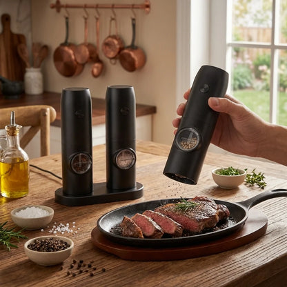 MVCOM® Electric Pepper and Salt Grinder Set - Rechargeable Automatic Spice Mill with Coarseness Adjuster & Charging Base
