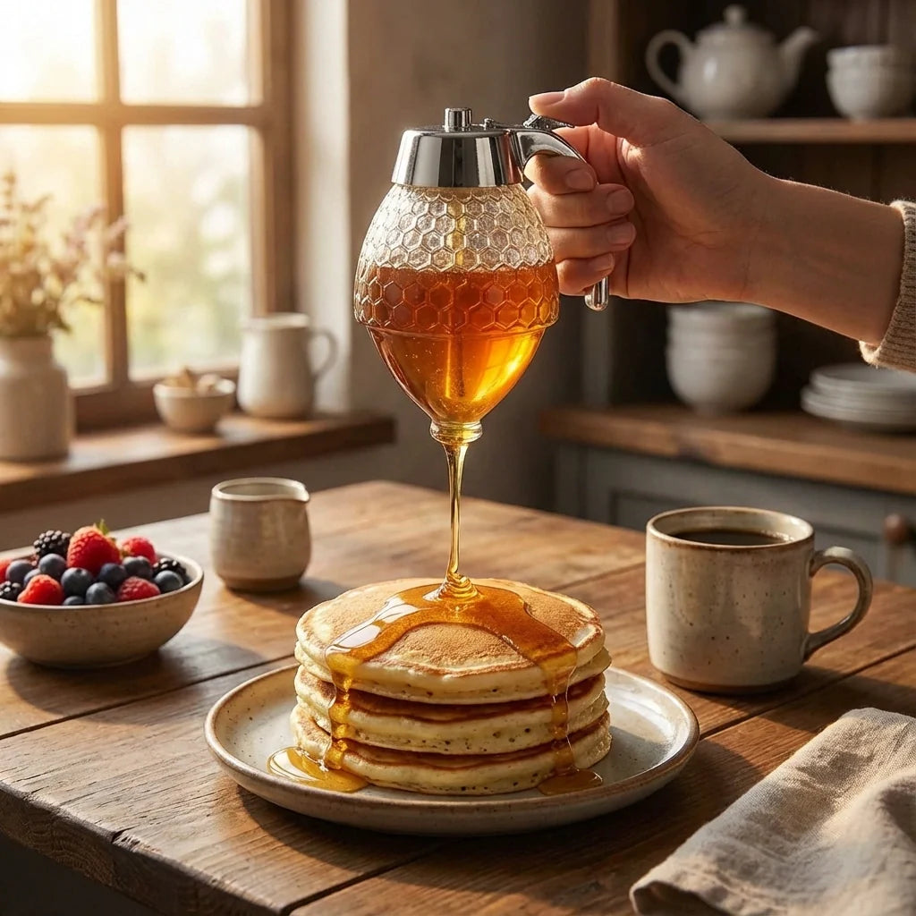 MVCOM® HoneyFlow No-Drip Dispenser - Food-Grade Syrup & Honey Container with Controlled Flow Lever