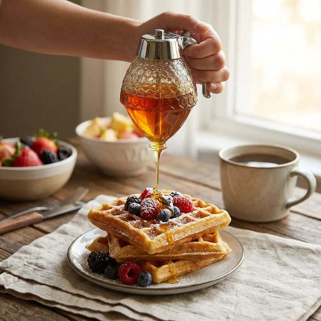MVCOM® HoneyFlow No-Drip Dispenser - Food-Grade Syrup & Honey Container with Controlled Flow Lever