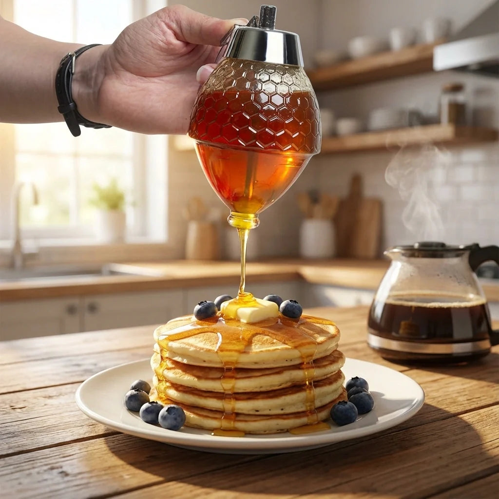 MVCOM® HoneyFlow No-Drip Dispenser - Food-Grade Syrup & Honey Container with Controlled Flow Lever