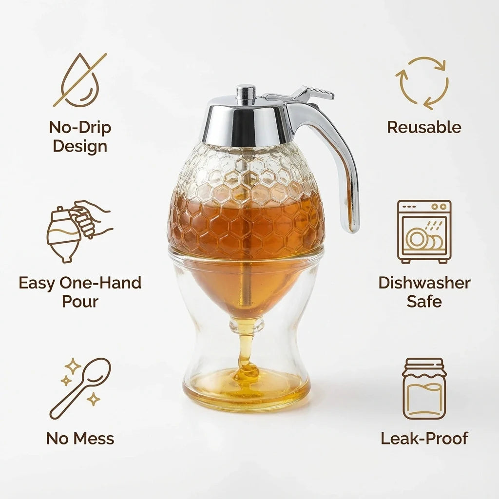 MVCOM® HoneyFlow No-Drip Dispenser - Food-Grade Syrup & Honey Container with Controlled Flow Lever