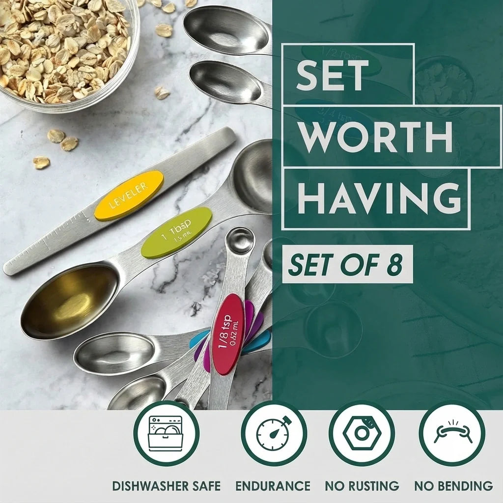 MVCOM® Magnetic Stainless Steel Measuring Spoons Set - 8-Piece Dual-Sided Magnetic Kitchen Spoons with Leveler