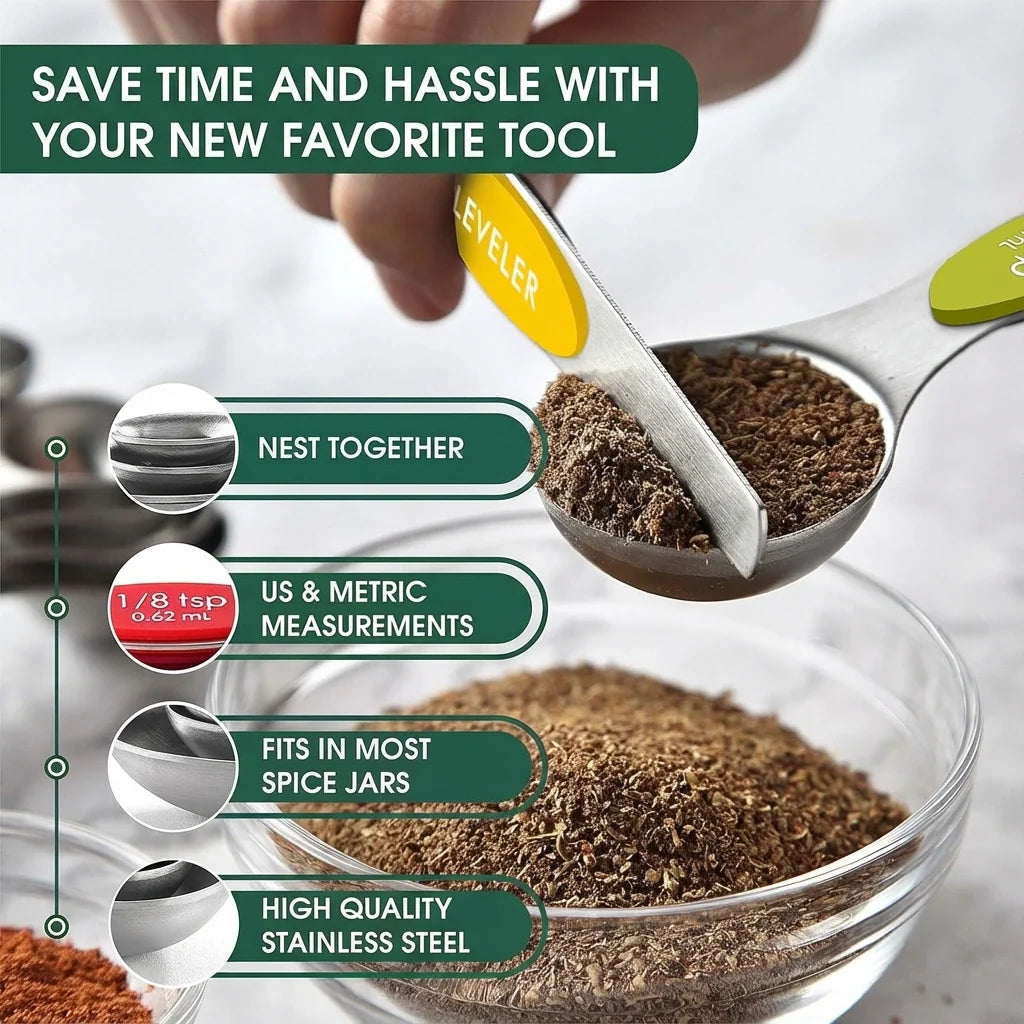 MVCOM® Magnetic Stainless Steel Measuring Spoons Set - 8-Piece Dual-Sided Magnetic Kitchen Spoons with Leveler