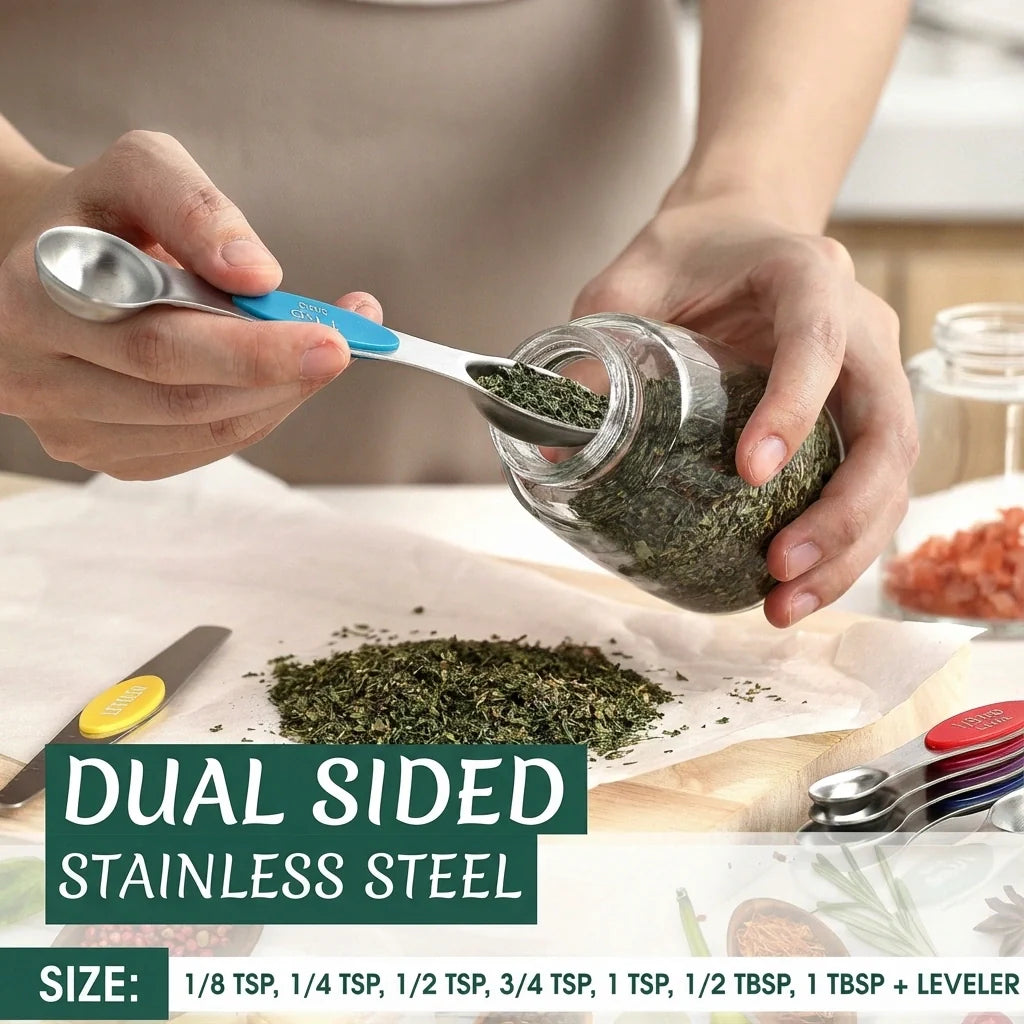 MVCOM® Magnetic Stainless Steel Measuring Spoons Set - 8-Piece Dual-Sided Magnetic Kitchen Spoons with Leveler