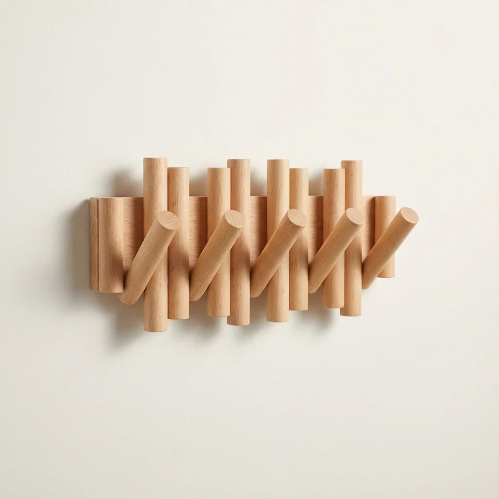 MVCOM® Picket Wooden Flip Wall Hooks - Natural Pine Wood Coat Rack with Retractable Foldable Hooks