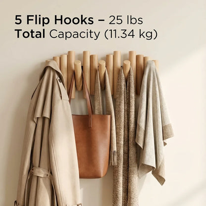 MVCOM® Picket Wooden Flip Wall Hooks - Natural Pine Wood Coat Rack with Retractable Foldable Hooks